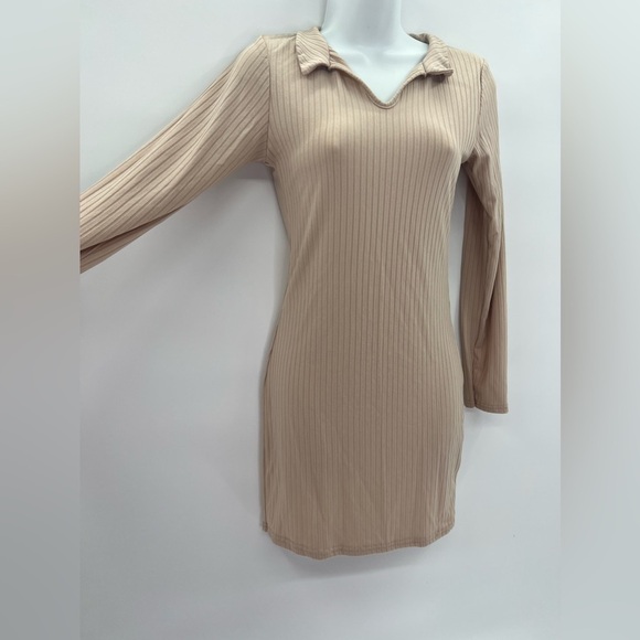 Boohoo Camel Ribbed Collar Detail Long Sleeve Bodycon Dress Size 6 - Picture 4 of 11